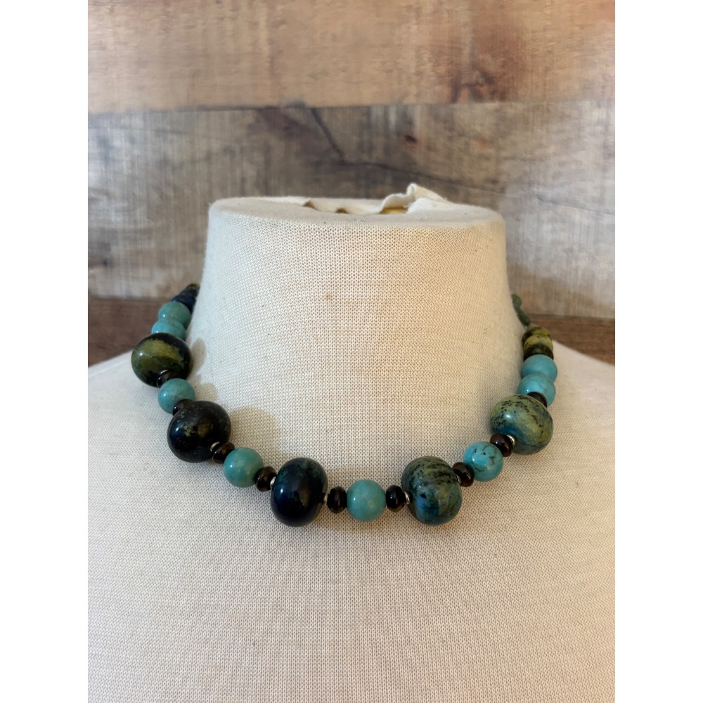 Handmade Natural Turquoise Jasper Beaded Toggle Necklace Blue Green
